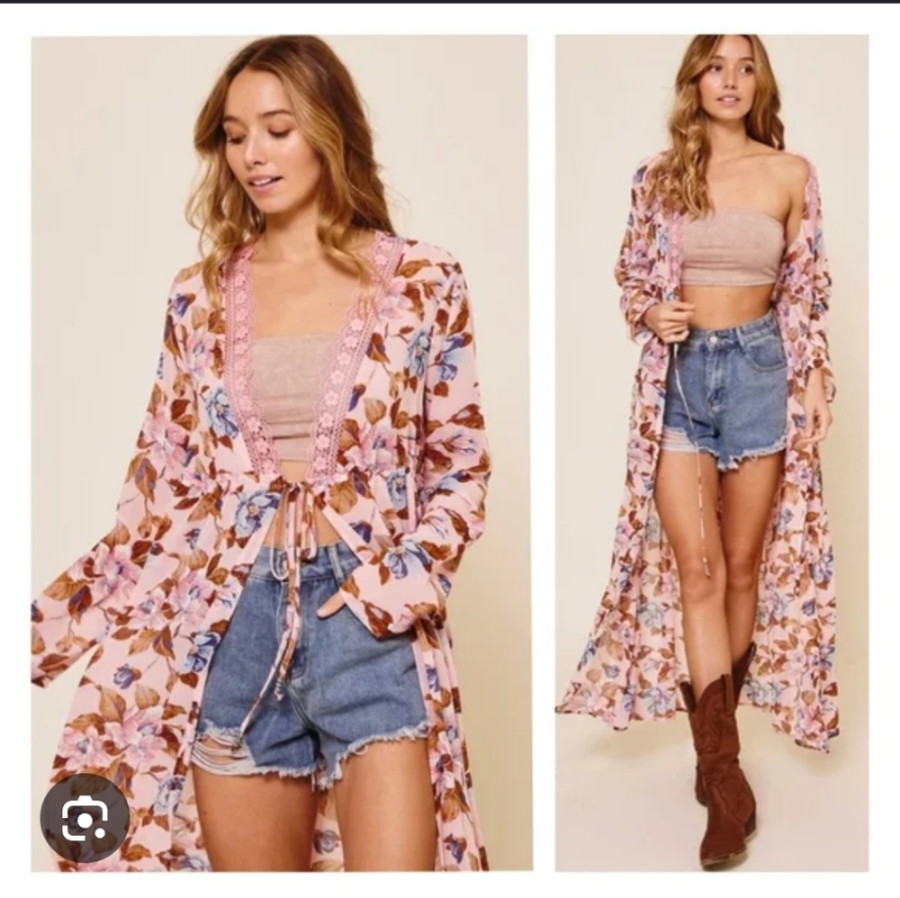 Floral Pink Long Kimono Duster